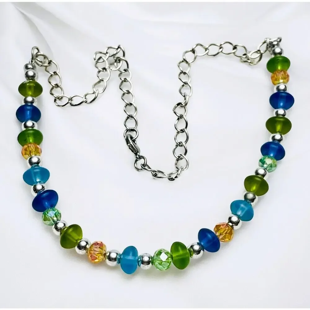 Frosted Sea Glass, Iridescent Crystal, Silver Ball Beaded Loop Link Necklace